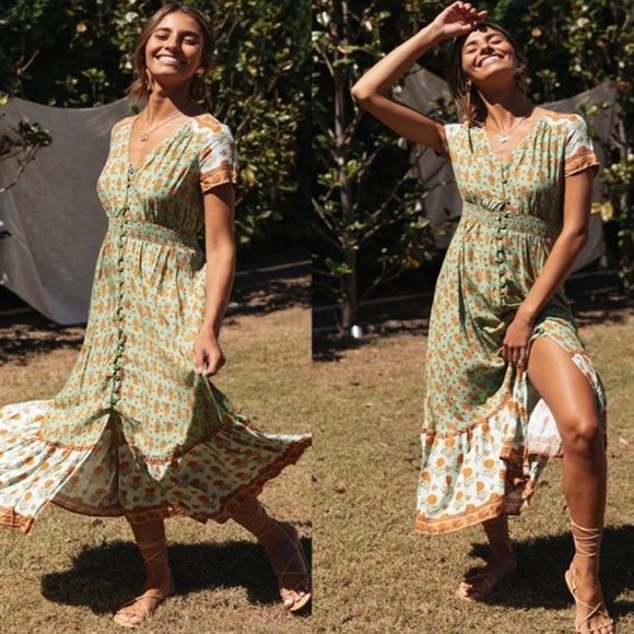 LAST 1! #56 Floral Long Button V Neck Short Sleeve Maxi Flowy Bohemian Dress - Picture 2 of 5